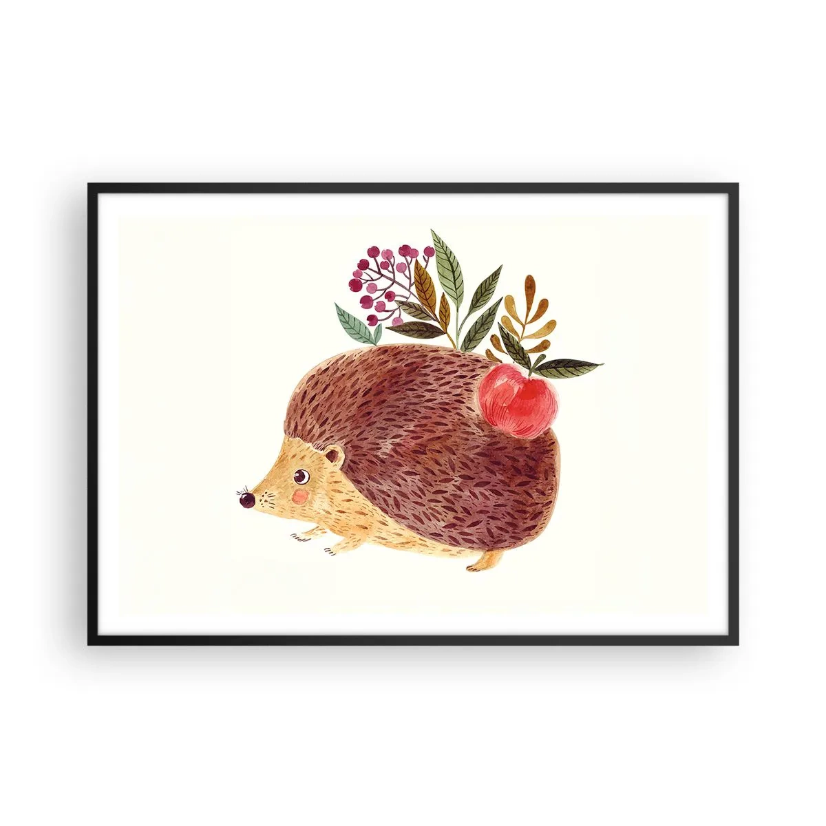 Poster in einem schwarzem Rahmen - Ein süßer Igel mit einem Apfel und Pflanzen im illustrativen Stil - 100x70cm - Und dann magst du mich schon - Moderne Wanddekoration für Wohnzimmer und Schlafzimmer ARTTOR