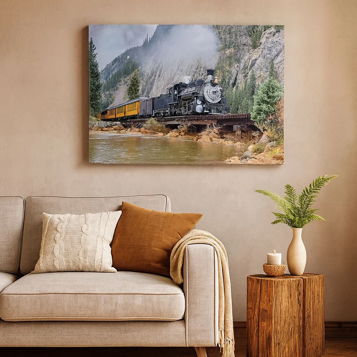 Bild auf Leinwand - Leinwandbild - Eine Dampflokomotive auf einer Brücke in einer malerischen Berglandschaft - 70x50cm - Wo willst du hin? Wohin? - Moderne Wanddekoration für Wohnzimmer und Schlafzimmer ARTTOR