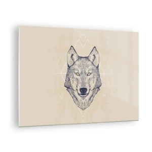 Glasbild - Bild auf glas - Wolfskopf vor einem Hintergrund aus geometrischen Mustern - 70x50cm - Ein Alpha mit durchdringendem Blick - Moderne Wanddekoration für Wohnzimmer und Schlafzimmer ARTTOR