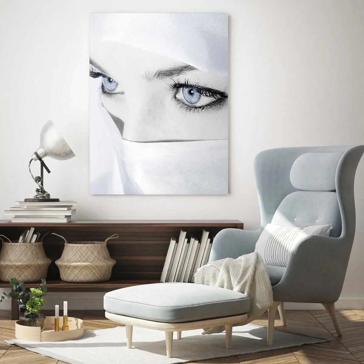 Glasbild - Bild auf glas - Porträt einer Frau mit blauen Augen, versteckt hinter einem weißen Schleier - 70x100cm - Aus Tausendundeiner Nacht - Moderne Wanddekoration für Wohnzimmer und Schlafzimmer ARTTOR