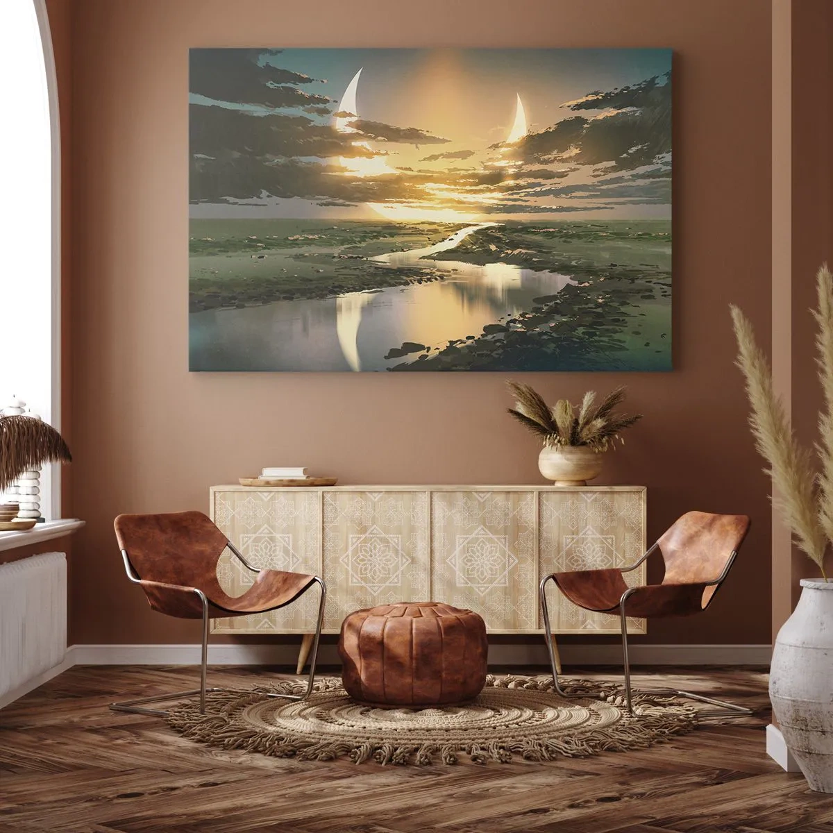 Bild auf Leinwand - Leinwandbild - Eine fantastische Landschaft mit zwei Monden am Horizont - 100x70cm - Irgendwo in einer weit, weit entfernten Galaxie - Moderne Wanddekoration für Wohnzimmer und Schlafzimmer ARTTOR