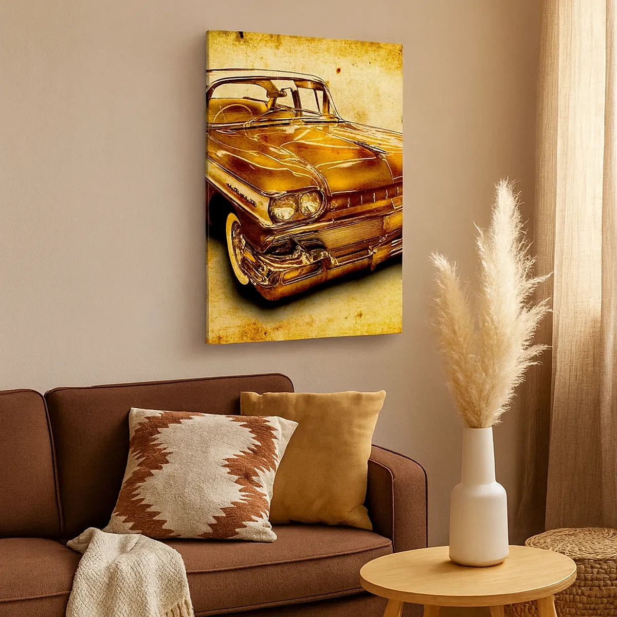 Bild auf Leinwand - Leinwandbild - Ein goldenes klassisches Retro-Auto auf einem Vintage-Hintergrund mit gealtertem Effekt. - 50x70cm - Die unvergängliche Schönheit der Klassiker - Moderne Wanddekoration für Wohnzimmer und Schlafzimmer ARTTOR