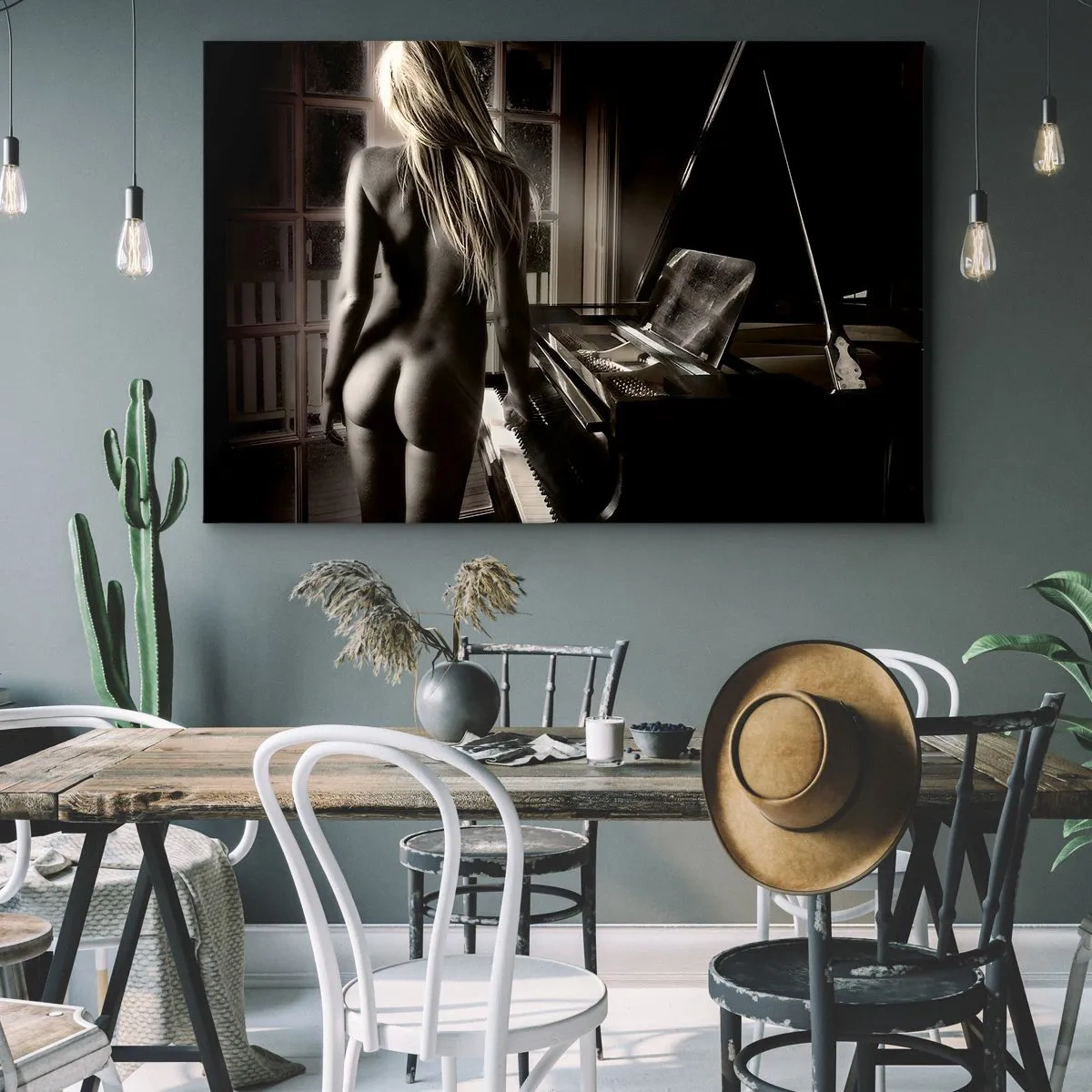 Bild auf Leinwand - Leinwandbild - Weiblicher Akt am Klavier im Schwarz-Weiß-Stil - 70x50cm - Perfekte Harmonie des Abends - Moderne Wanddekoration für Wohnzimmer und Schlafzimmer ARTTOR