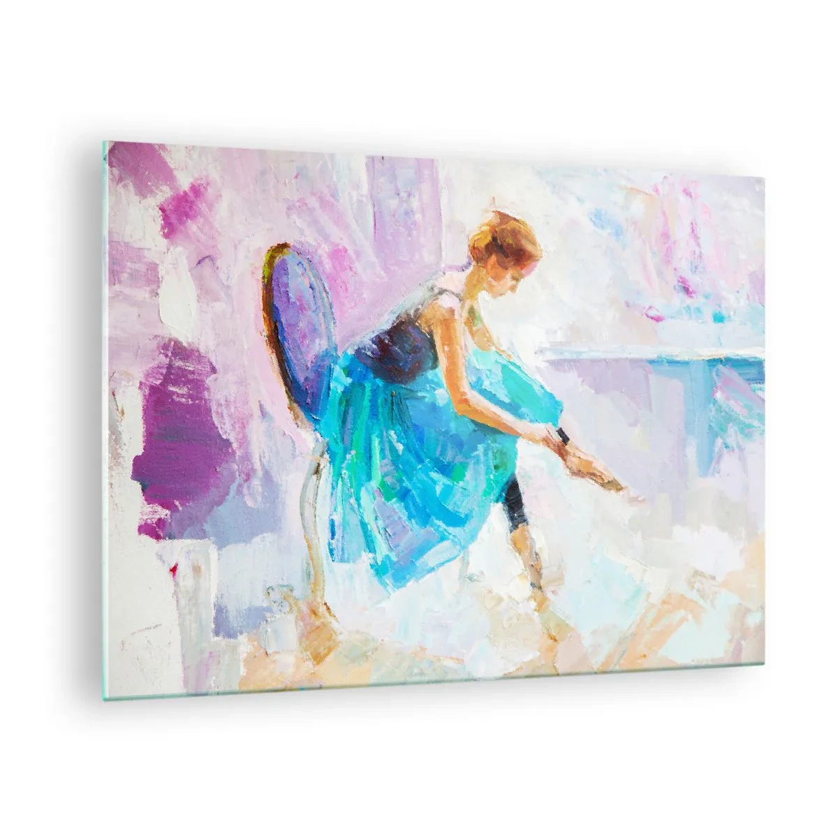 Glasbild - Bild auf glas - Eine Ballerina in einem blauen Kleid vor einem impressionistischen Hintergrund - 70x50cm - Unbeschreibliche Anmut, subtiler Charme - Moderne Wanddekoration für Wohnzimmer und Schlafzimmer ARTTOR