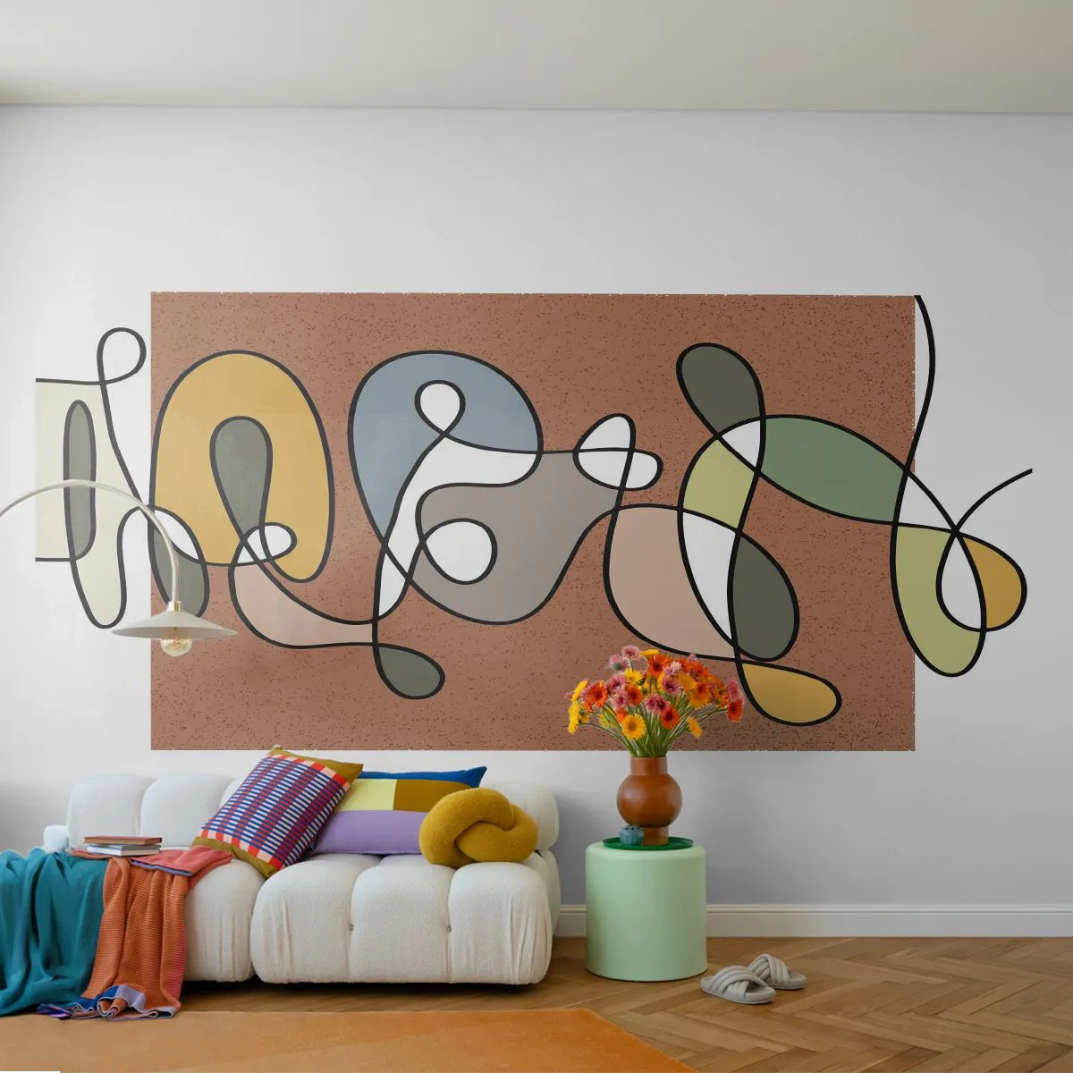 Fototapete Premium Sand - Bunte Abstraktion mit Linien auf Terrakotta-Hintergrund - 100x70cm - Abstraktion, die ein Lächeln wert ist - Moderne Wanddekoration für Wohnzimmer und Schlafzimmer ARTTOR