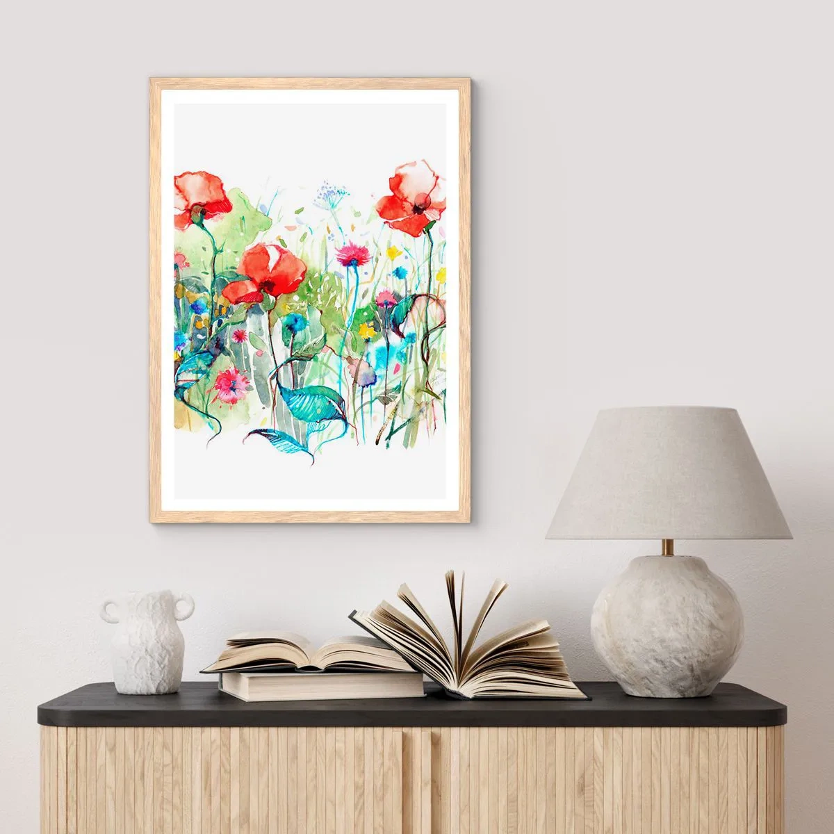 Poster in einem Rahmen aus heller Eiche - Blühende Maiwiese - 70x100 cm
