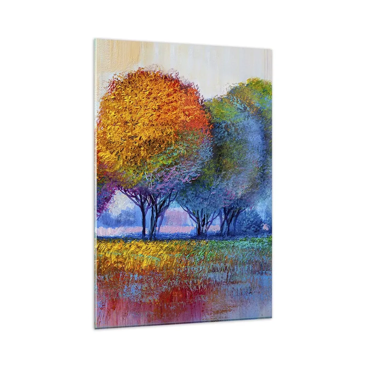 Glasbild - Bild auf glas - Bunte Bäume in einer impressionistischen Landschaft - 80x120cm - Ein Haufen leuchtender Farben - Moderne Wanddekoration für Wohnzimmer und Schlafzimmer ARTTOR