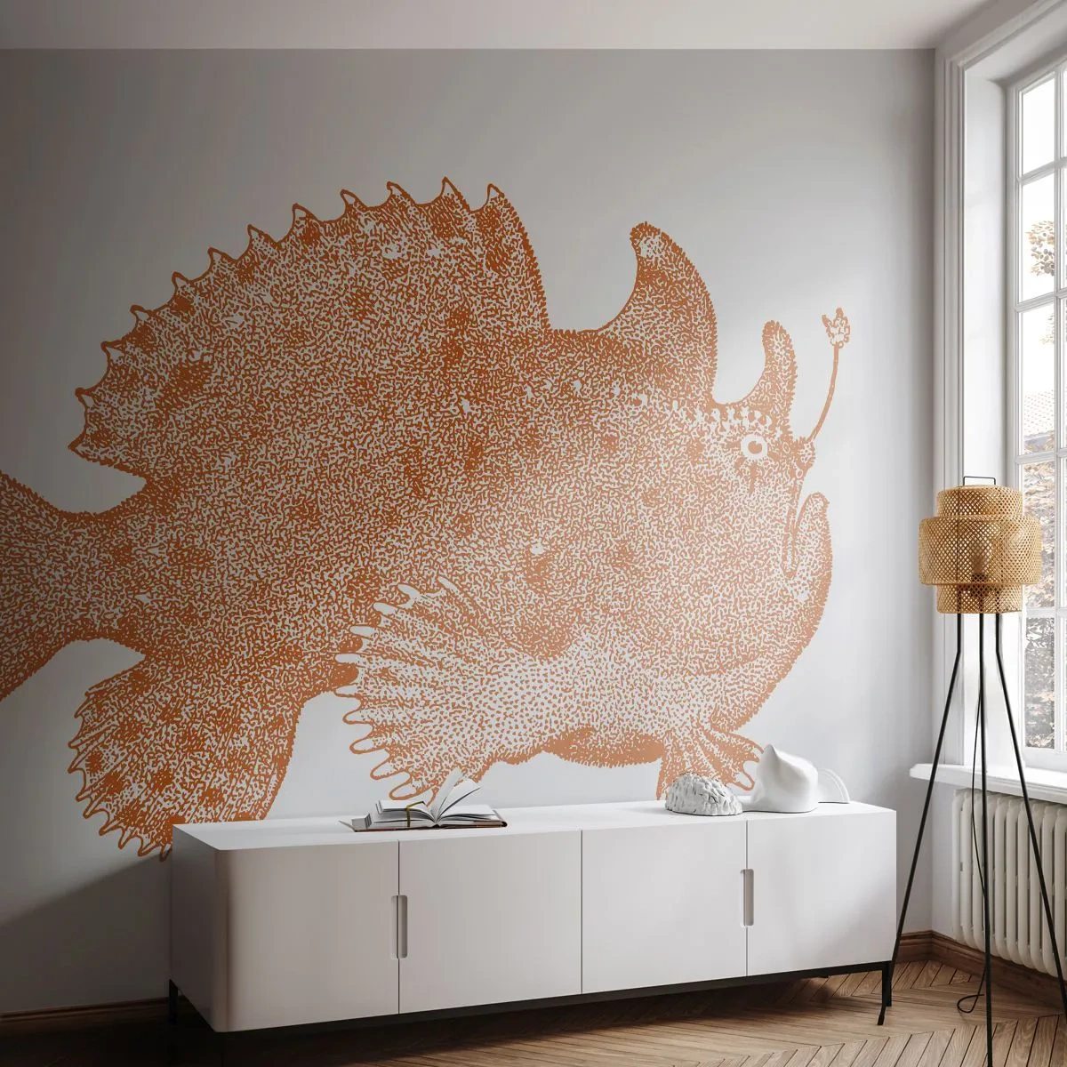 Fototapete Premium Sand - Detaillierte Fischillustration im Sepia-Grafikstil - 100x70cm - Es ist also doch ein Fisch - Moderne Wanddekoration für Wohnzimmer und Schlafzimmer ARTTOR