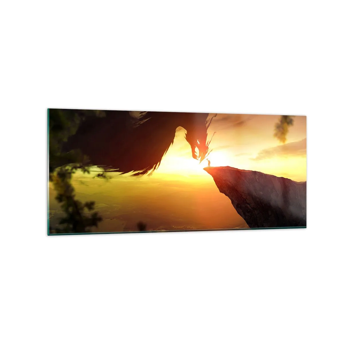 Glasbild - Bild auf glas - Ein Drache und ein Mann auf einem Felsen im Schein der untergehenden Sonne - 120x50cm - Drachentöter - Moderne Wanddekoration für Wohnzimmer und Schlafzimmer ARTTOR