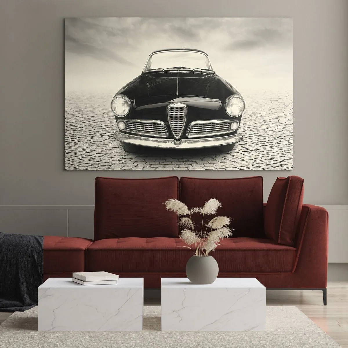 Glasbild - Bild auf glas - Oldtimer auf Kopfsteinpflasterstraße in Schwarz und Weiß - 120x80cm - Man muss mich einfach lieben - Moderne Wanddekoration für Wohnzimmer und Schlafzimmer ARTTOR