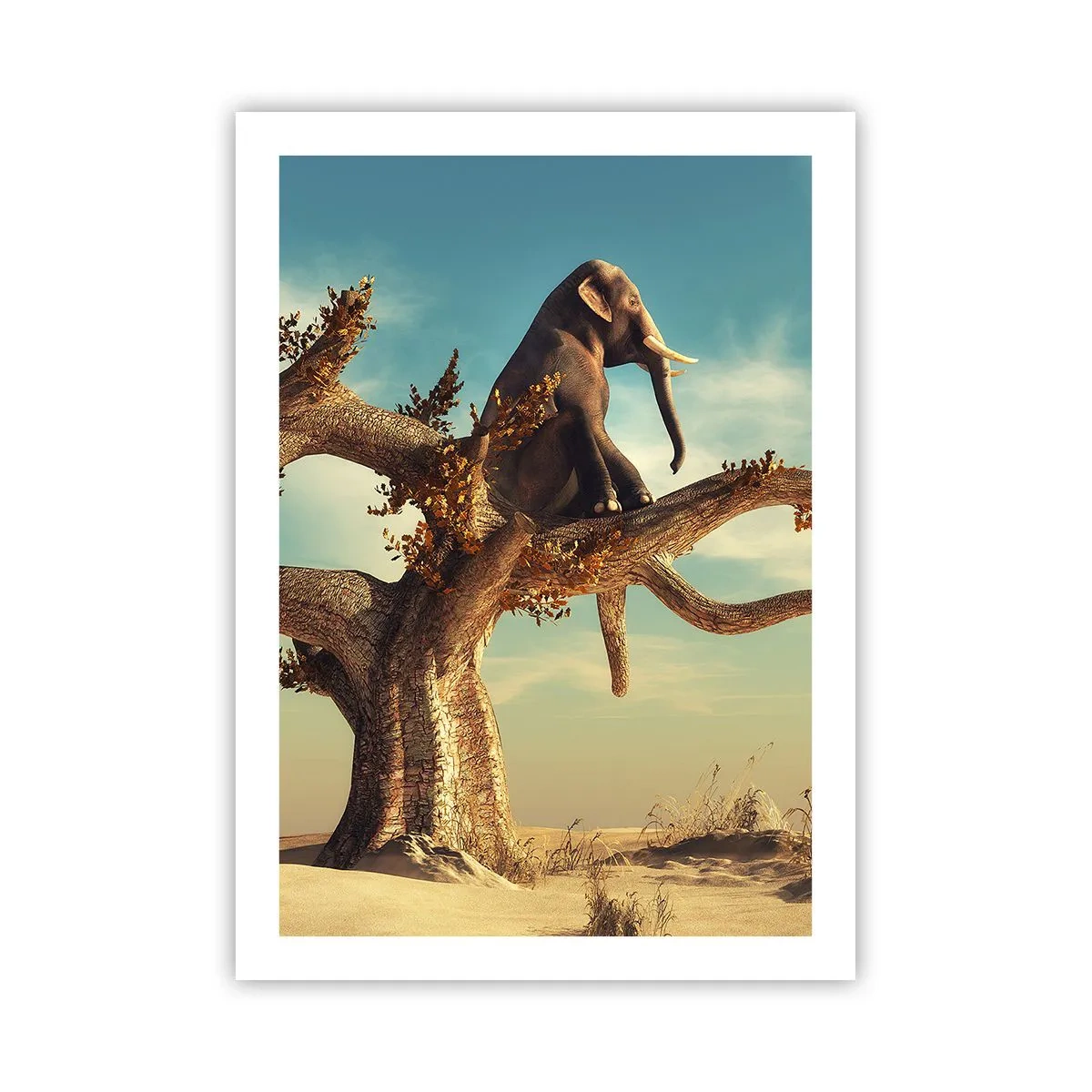 Poster - Ein Elefant sitzt auf einem Ast in einer surrealen Landschaft. - 50x70cm - Ein neuer Standpunkt - Moderne Wanddekoration für Wohnzimmer und Schlafzimmer ARTTOR