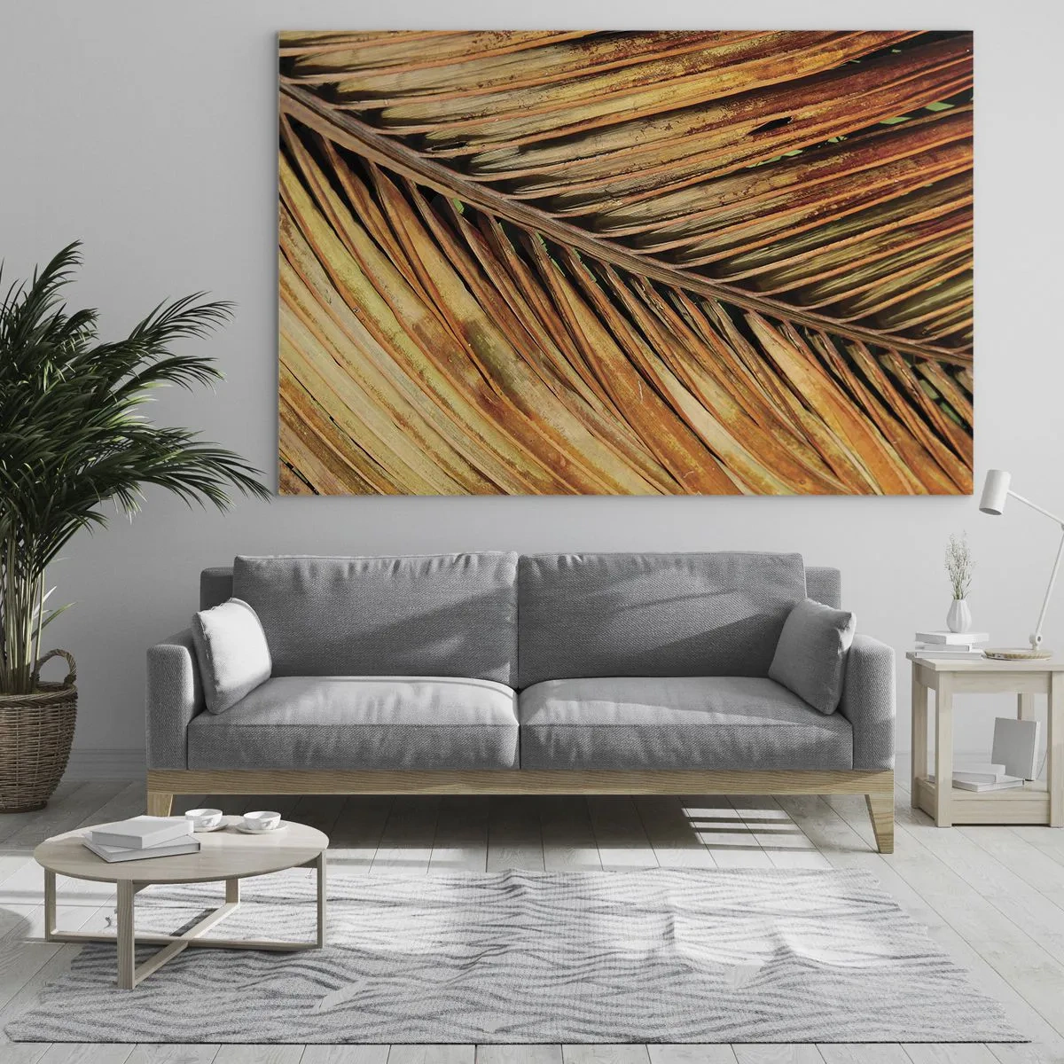 Glasbild - Bild auf glas - Nahaufnahme von trockenen, goldenen Palmblättern - 70x50cm - Kokosnuss-Gold - Moderne Wanddekoration für Wohnzimmer und Schlafzimmer ARTTOR