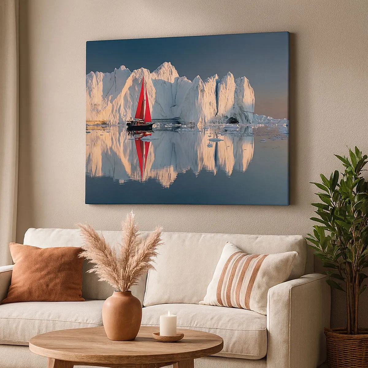 Bild auf Leinwand - Leinwandbild - Ein Segelboot mit rotem Segel vor der Kulisse eines Gletschers - 70x50cm - Am Rande der Welt - Moderne Wanddekoration für Wohnzimmer und Schlafzimmer ARTTOR