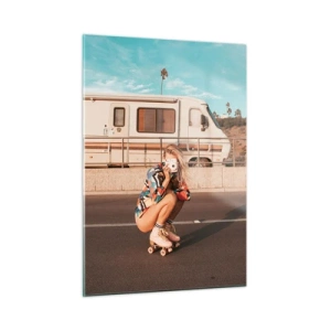 Glasbild - Bild auf glas - Ein Mädchen auf Rollschuhen macht Fotos in der kalifornischen Sonne. - 50x70cm - Lächel bitte! - Moderne Wanddekoration für Wohnzimmer und Schlafzimmer ARTTOR