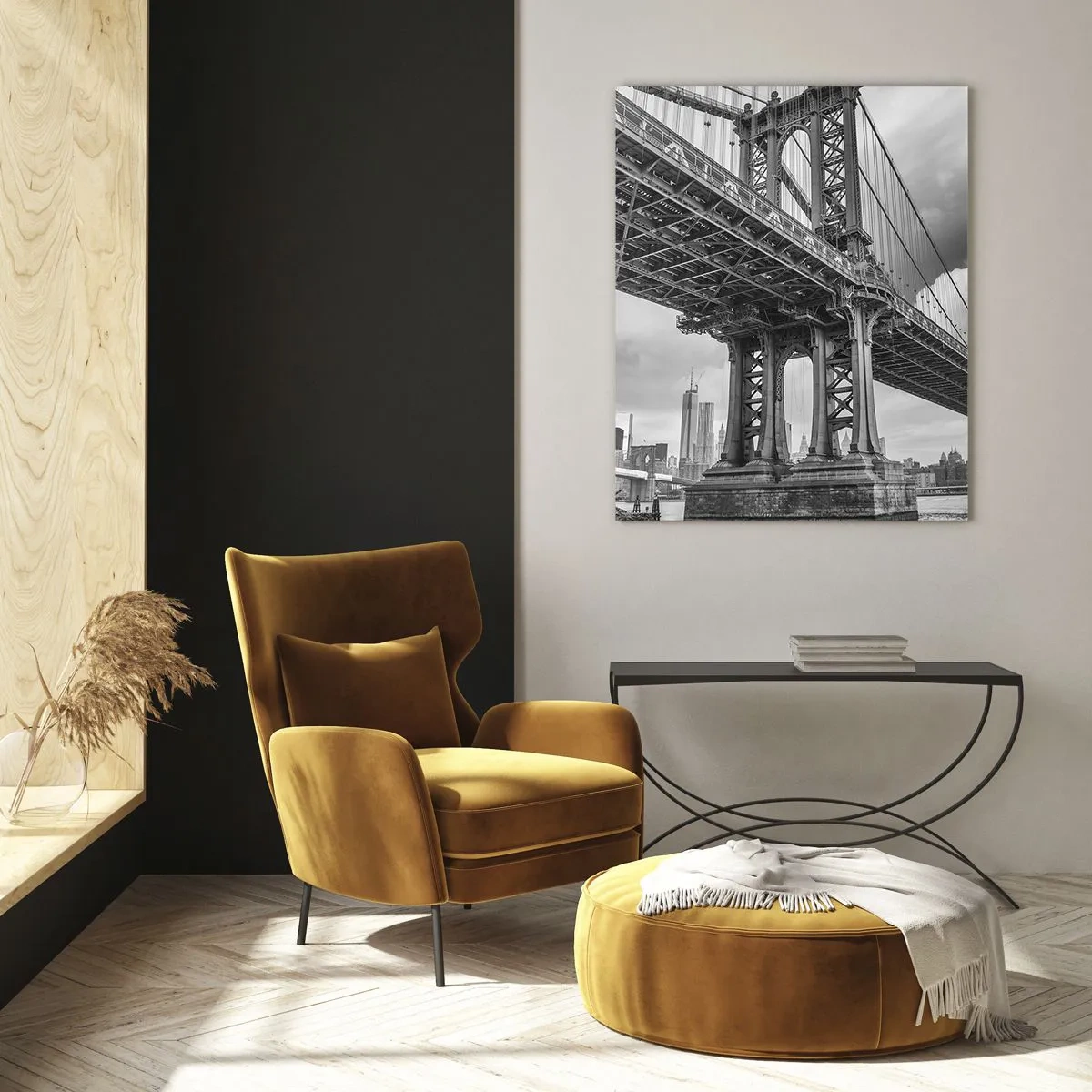 Glasbild - Bild auf glas - Eine Hängebrücke in monochromer Umgebung - 50x70cm - Ins Herz der Stadt - Moderne Wanddekoration für Wohnzimmer und Schlafzimmer ARTTOR