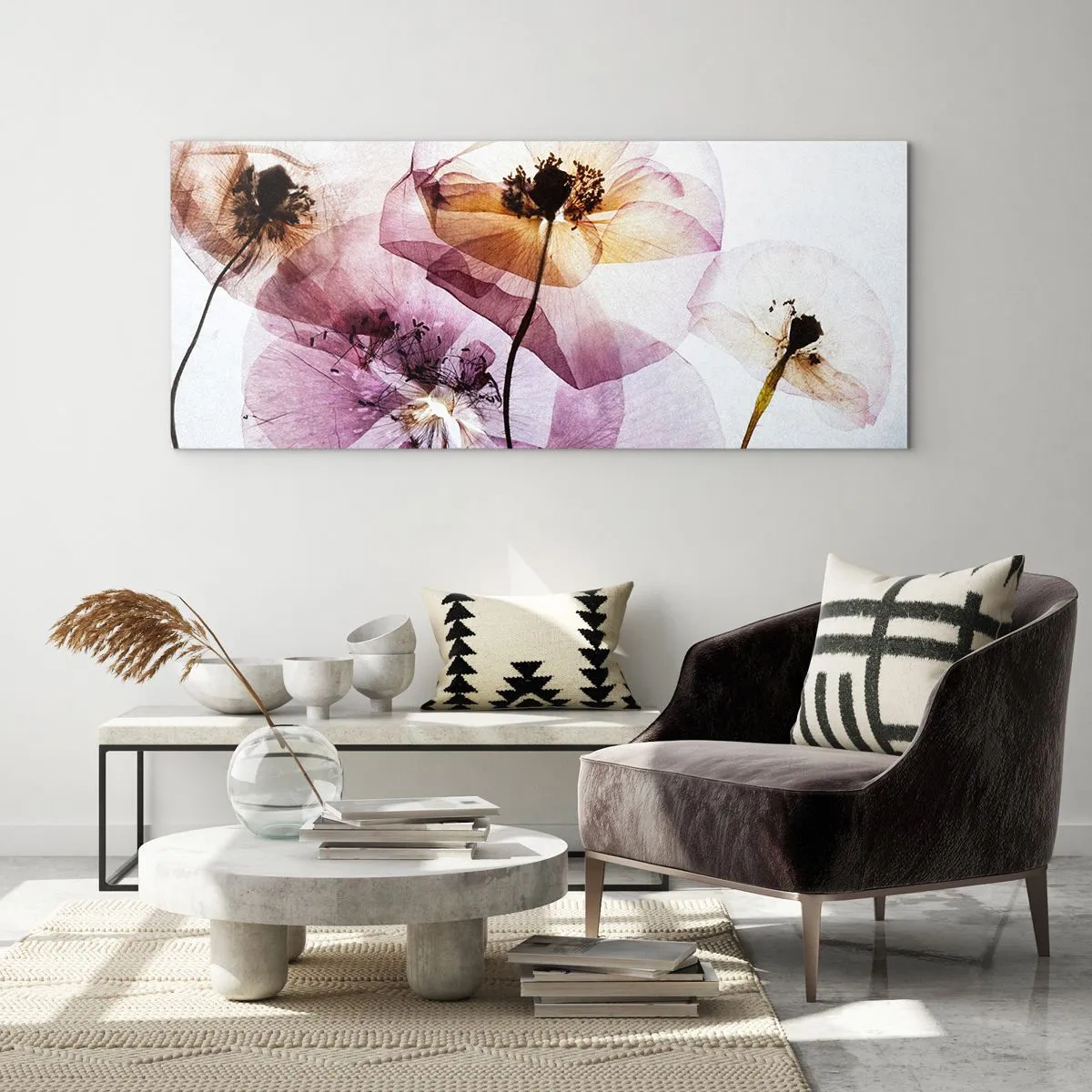 Glasbild - Bild auf glas - Zarte transparente Blüten in Pastelltönen - 120x50cm - Transparente Körperblumen - Moderne Wanddekoration für Wohnzimmer und Schlafzimmer ARTTOR
