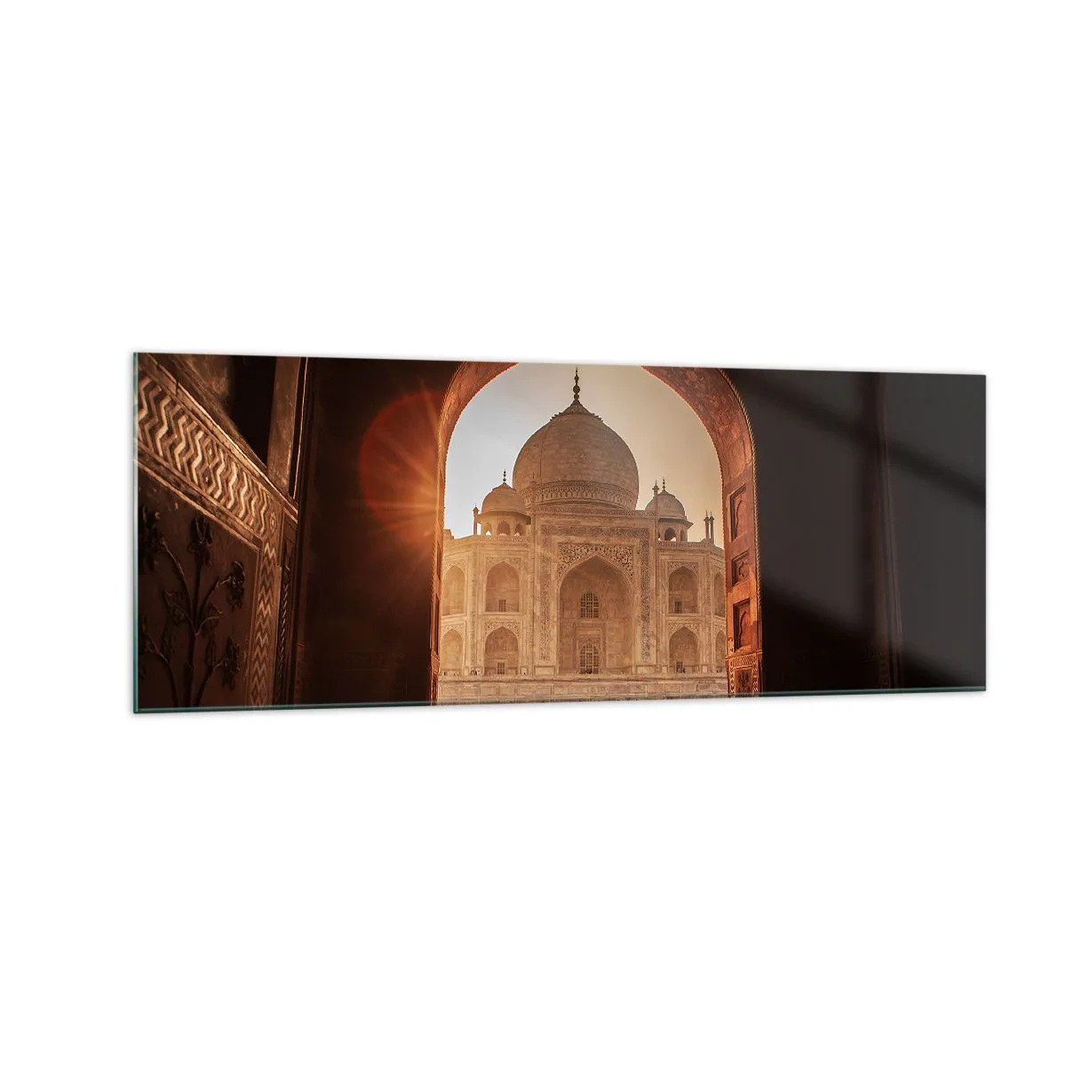 Glasbild - Bild auf glas - Taj Mahal im Sonnenlicht vom Torbogen aus gesehen - 140x50cm - Denkmal der überirdischen Liebe - Moderne Wanddekoration für Wohnzimmer und Schlafzimmer ARTTOR