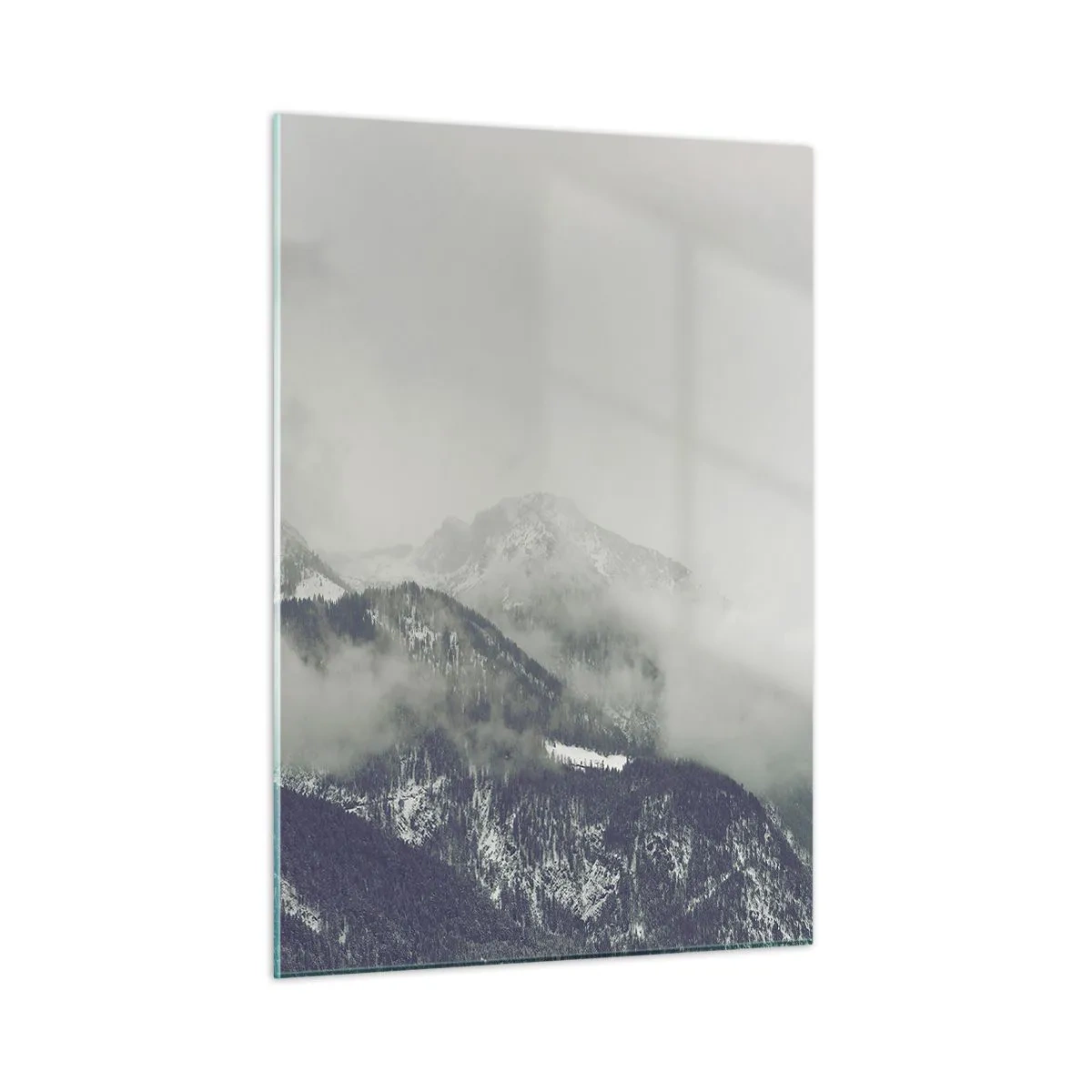 Glasbild - Bild auf glas - Ein Bergtal im Nebel in Grautönen - 50x70cm - Nebliges Tal - Moderne Wanddekoration für Wohnzimmer und Schlafzimmer ARTTOR