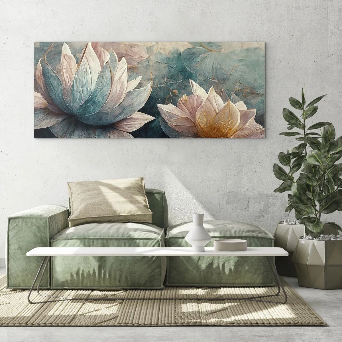Glasbild - Bild auf glas - Dezente Seerosen in Pastelltönen von Blau und Gold - 160x50cm - Seesterne - Moderne Wanddekoration für Wohnzimmer und Schlafzimmer ARTTOR