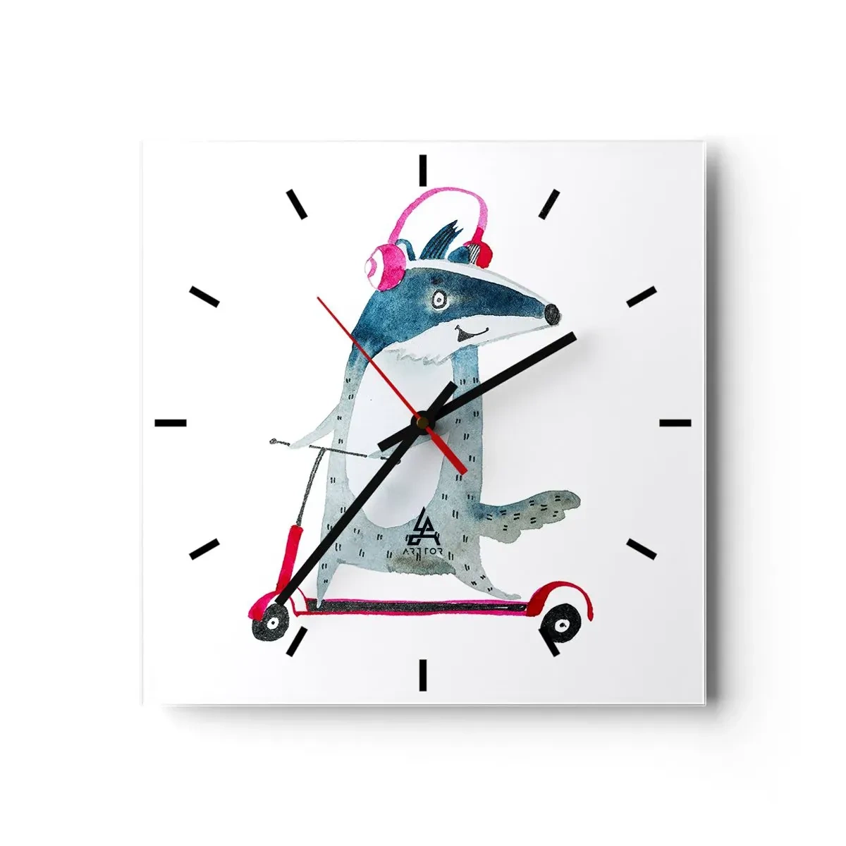 Wanduhr - Glasuhr - Dachs auf einem Roller mit rosa Kopfhörern - 30x30cm - Dachsfreude - Moderne Wanddekoration für Wohnzimmer und Schlafzimmer ARTTOR