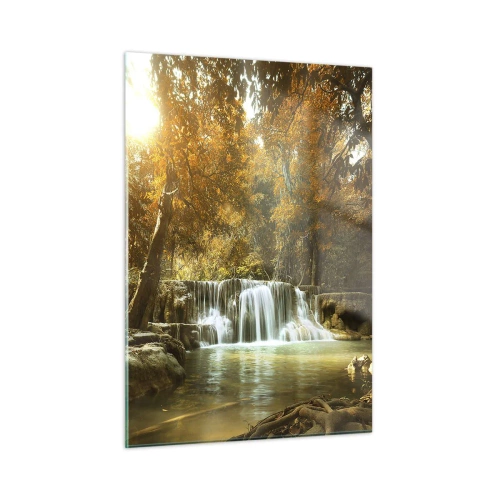 Glasbild - Bild auf glas - Ein Wasserfall in einem Park, umgeben von Bäumen in Herbstfarben - 50x70cm - Parkkaskade - Moderne Wanddekoration für Wohnzimmer und Schlafzimmer ARTTOR