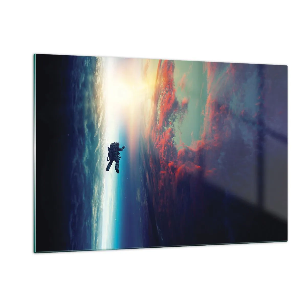 Glasbild - Bild auf glas - Ein Astronaut, der durch den Weltraum in Richtung Licht treibt - 120x80cm - Sich dem Universum stellen - Moderne Wanddekoration für Wohnzimmer und Schlafzimmer ARTTOR
