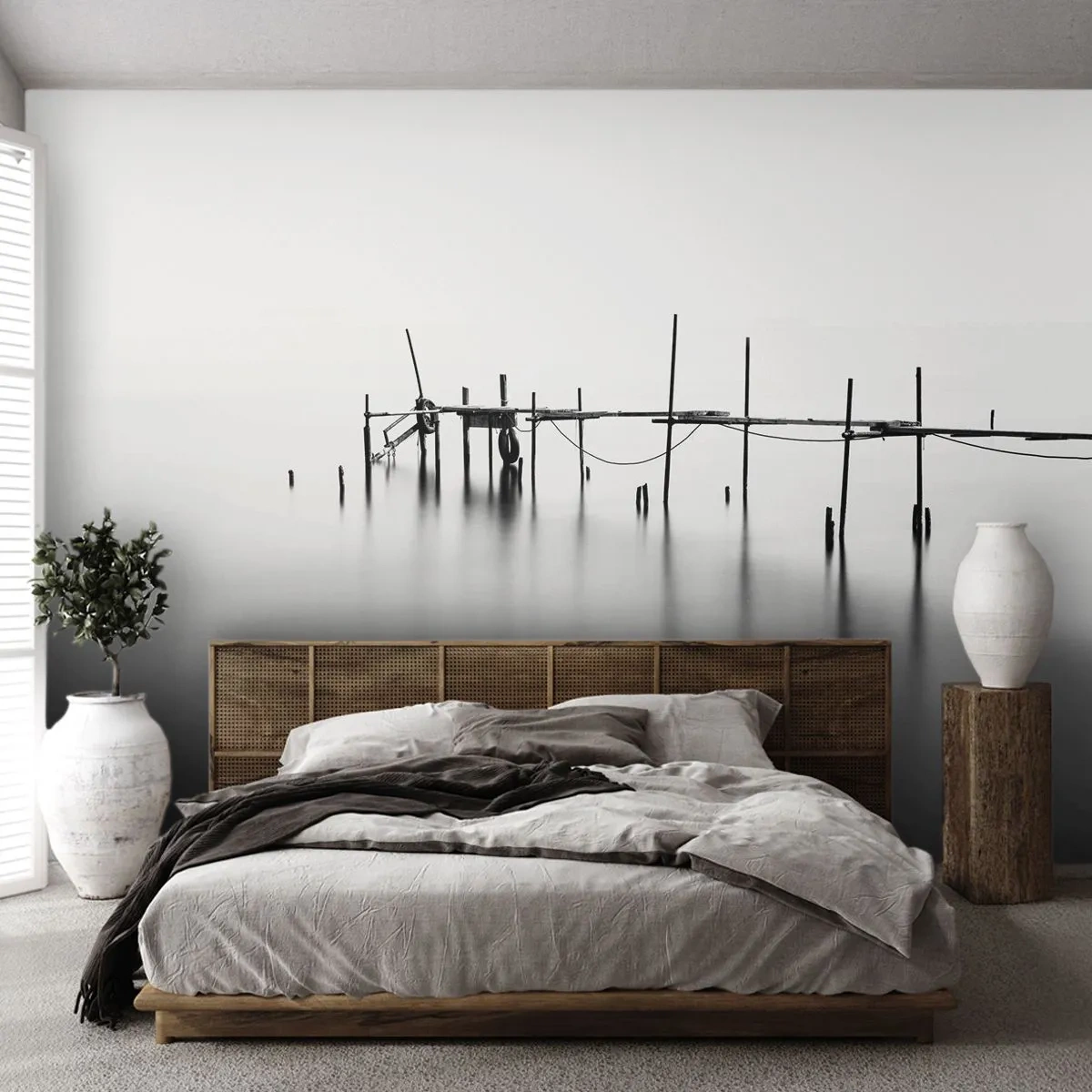 Fototapete Standard Eco - Was ist, wenn es keine Welt gibt? - Landschaft, Holzbrücke, Schwarz und weiß - 200x140 cm