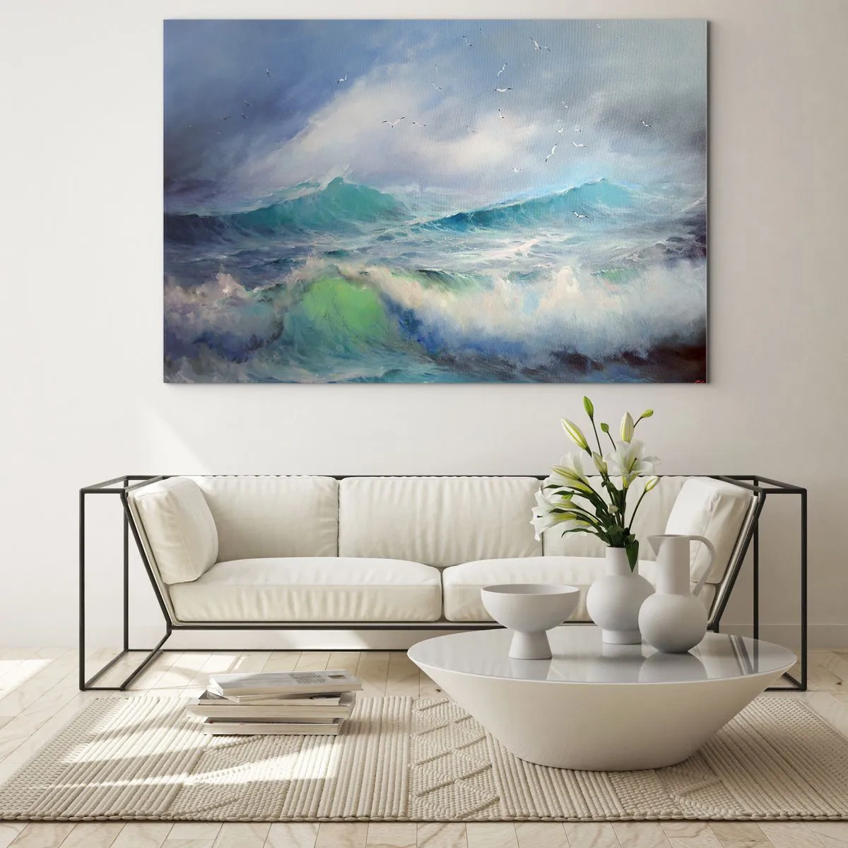 Glasbild - Bild auf glas - Raue Meereswellen mit Vögeln in einem bewölkten Himmel - 70x50cm - Der wind heulte mit Triumph - Moderne Wanddekoration für Wohnzimmer und Schlafzimmer ARTTOR