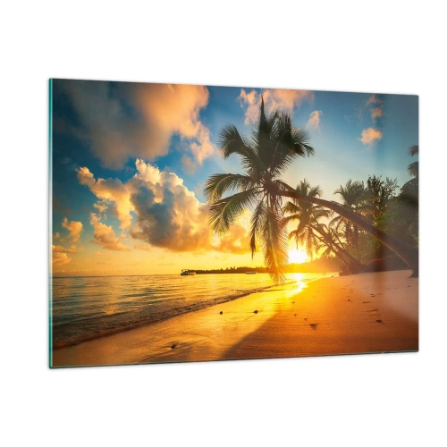 Glasbild - Bild auf glas - Tropischer Strand mit Palmen bei Sonnenuntergang - 120x80cm - Karibischer Traum - Moderne Wanddekoration für Wohnzimmer und Schlafzimmer ARTTOR