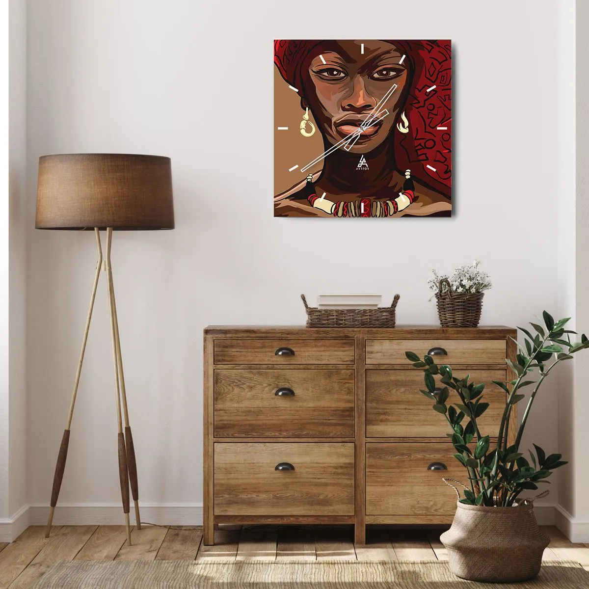 Wanduhr - Glasuhr - Porträt einer Frau mit rotem Turban auf beigem Hintergrund - 30x30cm - Venus aus Ebenholz  - Moderne Wanddekoration für Wohnzimmer und Schlafzimmer ARTTOR