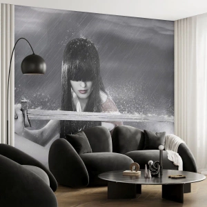 Fototapete Premium Sand - Krieger mit Schwert im Regen - 100x70cm - Schön und gefährlich - Moderne Wanddekoration für Wohnzimmer und Schlafzimmer ARTTOR