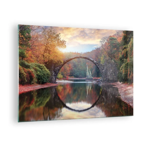 Glasbild - Bild auf glas - Eine Steinbrücke spiegelt sich in einem See inmitten eines herbstlichen Waldes - 70x50cm - Auf der anderen Seite des Spiegels - Moderne Wanddekoration für Wohnzimmer und Schlafzimmer ARTTOR