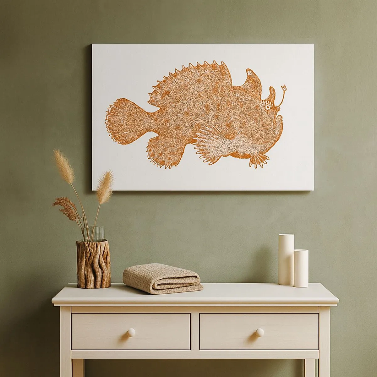 Bild auf Leinwand - Leinwandbild - Detaillierte Zeichnung eines kupferfarbenen Fisches auf weißem Hintergrund - 70x50cm - Es ist also doch ein Fisch - Moderne Wanddekoration für Wohnzimmer und Schlafzimmer ARTTOR