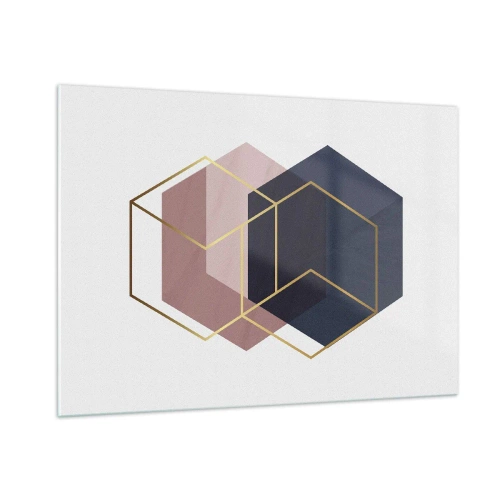 Glasbild - Bild auf glas - Goldene Umrisse von Würfeln vor einem Hintergrund aus marineblauen und rosafarbenen Flächen - 100x70cm - Die Kraft der Einfachheit - Moderne Wanddekoration für Wohnzimmer und Schlafzimmer ARTTOR