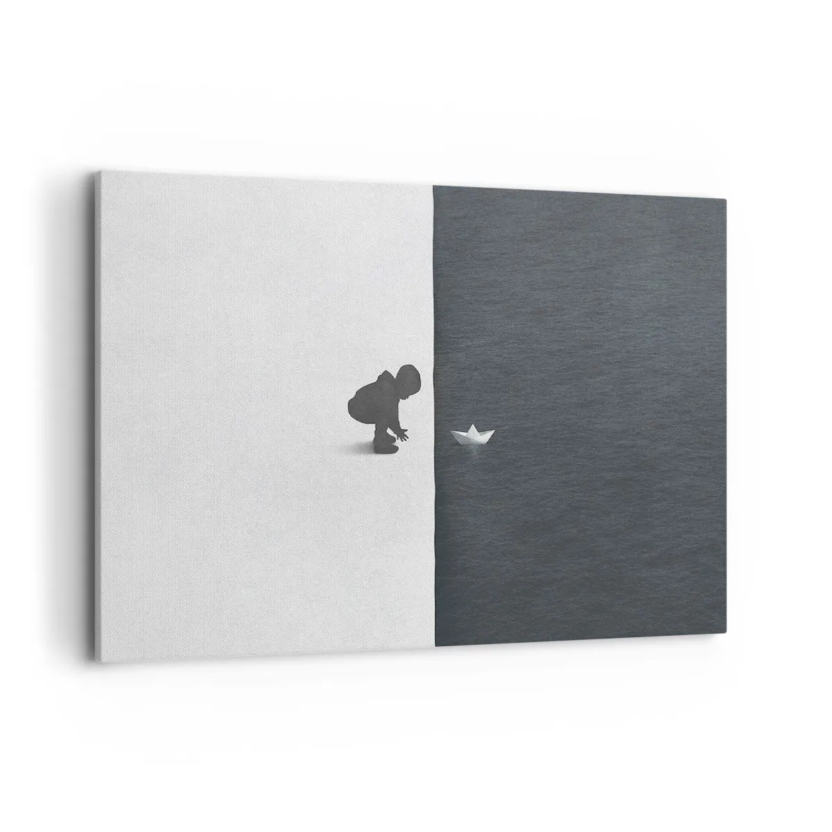 Bild auf Leinwand - Leinwandbild - Eine Kinderfigur mit einem Papierboot vor einem Hintergrund aus kontrastierenden Hälften - 120x80cm - Tolle Expedition - Moderne Wanddekoration für Wohnzimmer und Schlafzimmer ARTTOR