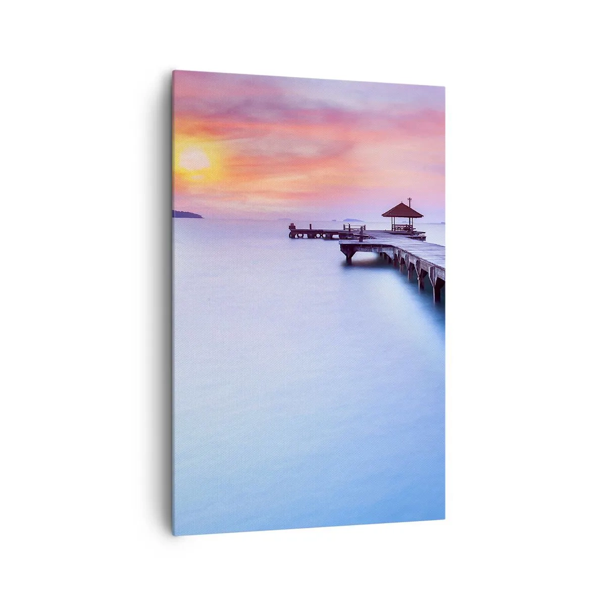 Bild auf Leinwand - Leinwandbild - Holzsteg, der bei Sonnenuntergang auf das Wasser hinausführt - 80x120cm - Ein Meer der Ruhe bis zum Horizont - Moderne Wanddekoration für Wohnzimmer und Schlafzimmer ARTTOR