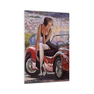 Glasbild - Bild auf glas - Eine Frau neben einem roten Auto mit einer Stadt im Hintergrund - 70x100cm - Sommer? Nur an der Riviera - Moderne Wanddekoration für Wohnzimmer und Schlafzimmer ARTTOR