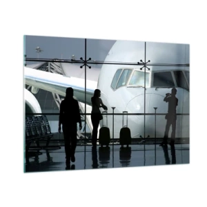 Glasbild - Bild auf glas - Flughafen mit Blick auf das Flugzeug und Silhouetten von Reisenden - 100x70cm - Vis a vis am Flughafen - Moderne Wanddekoration für Wohnzimmer und Schlafzimmer ARTTOR