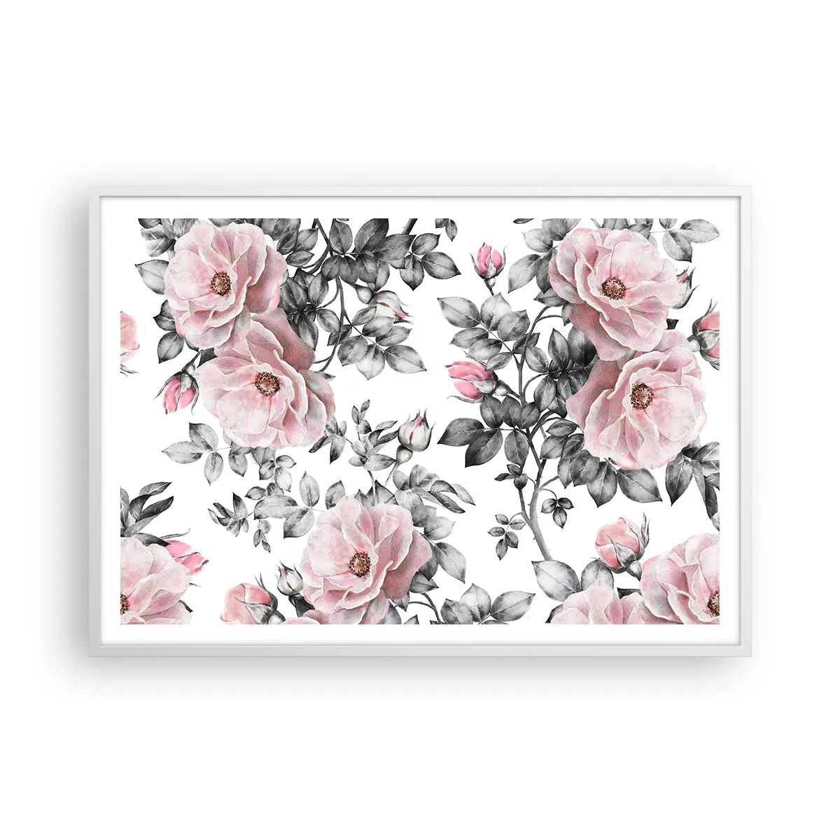 Poster in einem weißen Rahmen - Verliere dich in den Blüten der Rosen - 100x70 cm