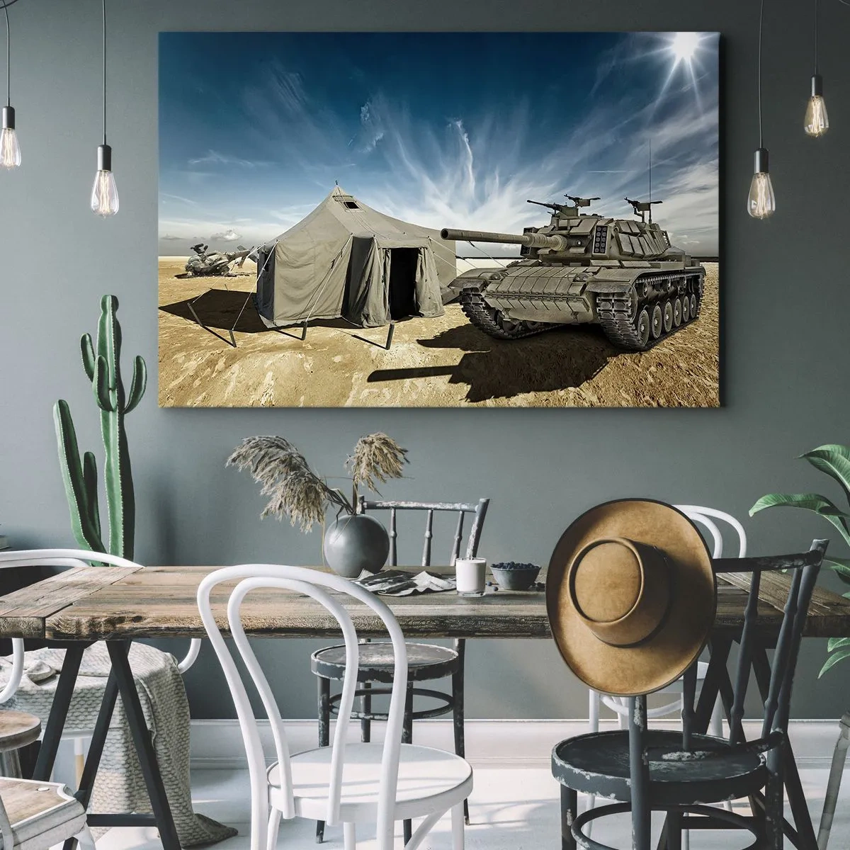Bild auf Leinwand - Leinwandbild - Ein Panzer neben einem Militärzelt in einer Wüstengegend - 70x50cm - Ein militärischer Traum - Moderne Wanddekoration für Wohnzimmer und Schlafzimmer ARTTOR