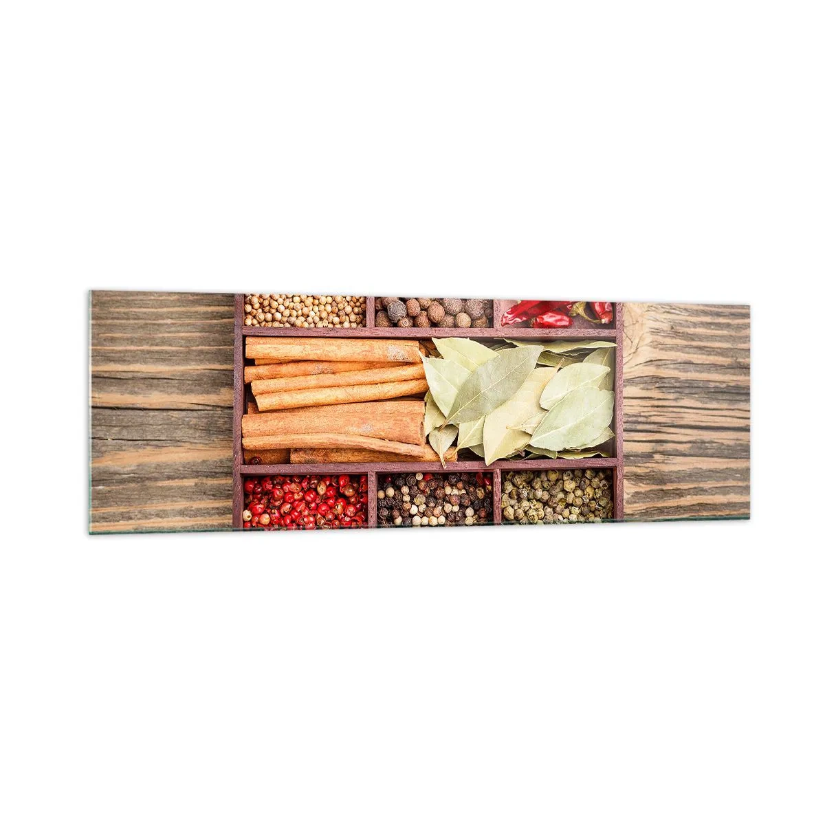Glasbild - Bild auf glas - Holzkiste mit verschiedenen Gewürzen in Fächern - 160x50cm - Ordnung der Formen, Bouquet von Aromen - Moderne Wanddekoration für Wohnzimmer und Schlafzimmer ARTTOR