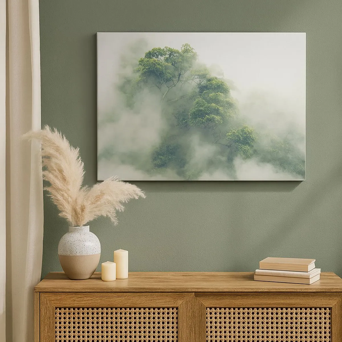 Bild auf Leinwand - Leinwandbild - Grüne Bäume im dichten Nebel vor einem natürlichen Hintergrund - 70x50cm - In Nebel gehüllt - Moderne Wanddekoration für Wohnzimmer und Schlafzimmer ARTTOR