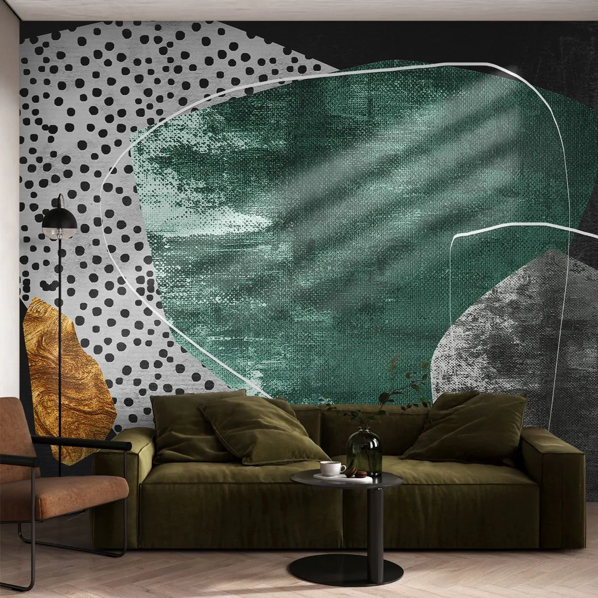 Fototapete Premium Sand - Grüne und goldene geometrische Formen auf schwarzem und grauem Hintergrund - 100x70cm - Bunte Abstraktion mit Blattgold - Moderne Wanddekoration für Wohnzimmer und Schlafzimmer ARTTOR