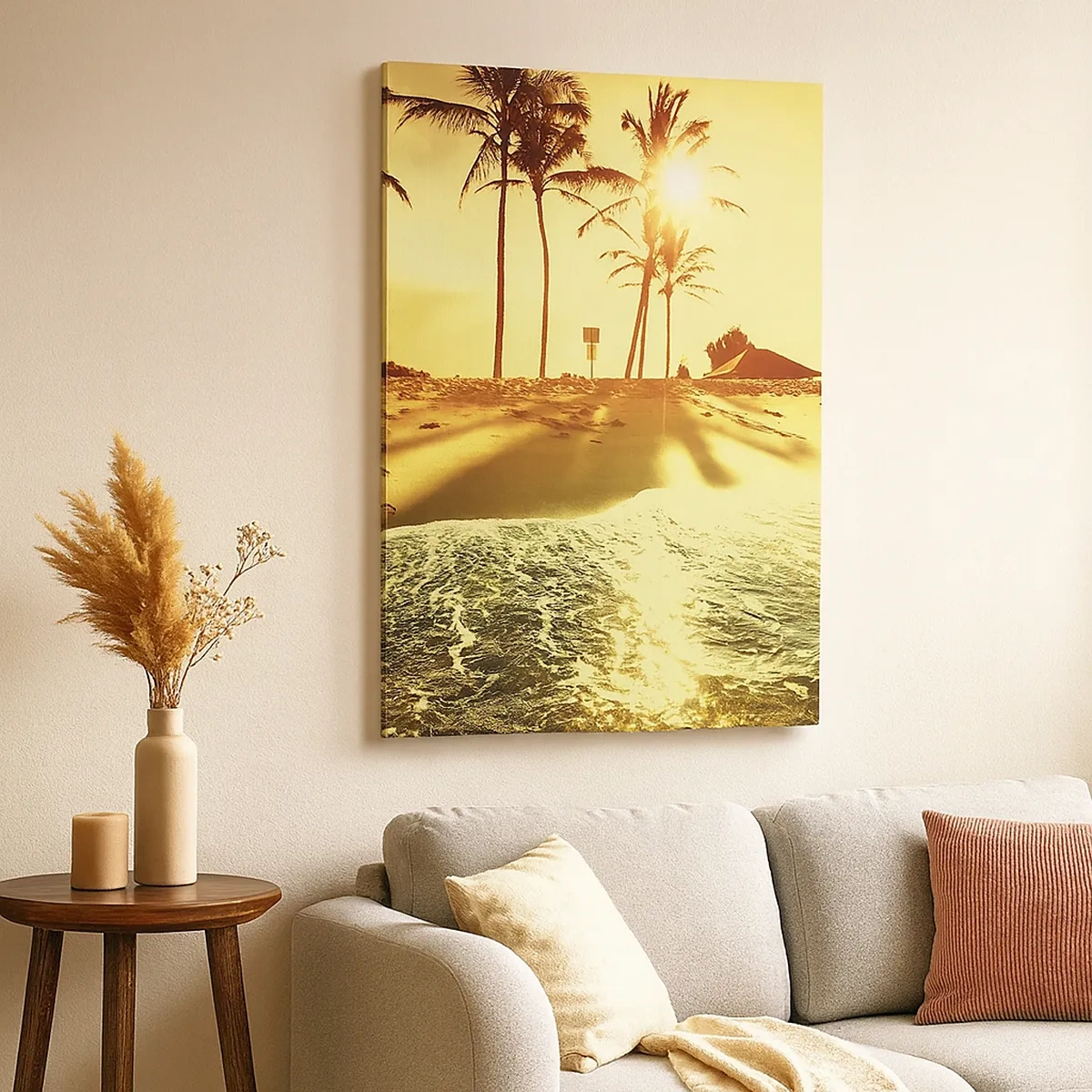 Bild auf Leinwand - Leinwandbild - Ein Strand mit Palmen, beleuchtet von einem warmen Sonnenuntergang - 50x70cm - Kalifornien am Nachmittag - Moderne Wanddekoration für Wohnzimmer und Schlafzimmer ARTTOR