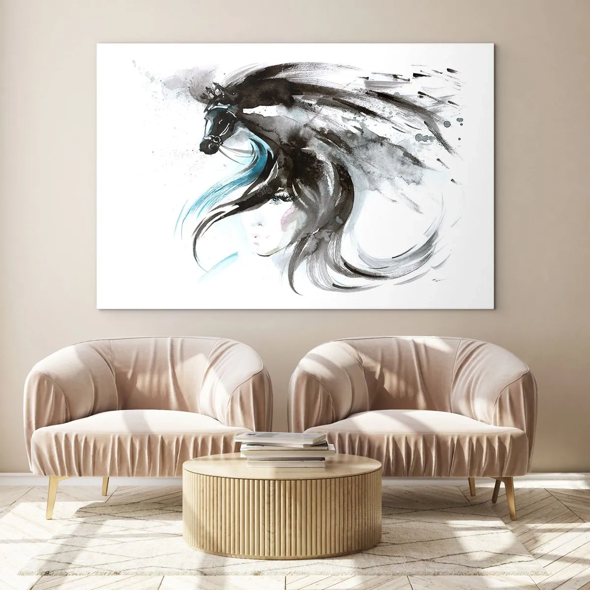 Glasbild - Bild auf glas - Porträt einer Frau und eines Pferdes in einer künstlerischen, dynamischen Komposition - 70x50cm - Schwarzer Prinz Galopp - Moderne Wanddekoration für Wohnzimmer und Schlafzimmer ARTTOR