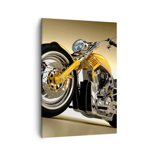 Bild auf Leinwand - Leinwandbild - Ein gelbes Motorrad im Chopper-Stil vor einer beigen Wand - 50x70cm - Ein Traum von Kraft und Geschwindigkeit - Moderne Wanddekoration für Wohnzimmer und Schlafzimmer ARTTOR