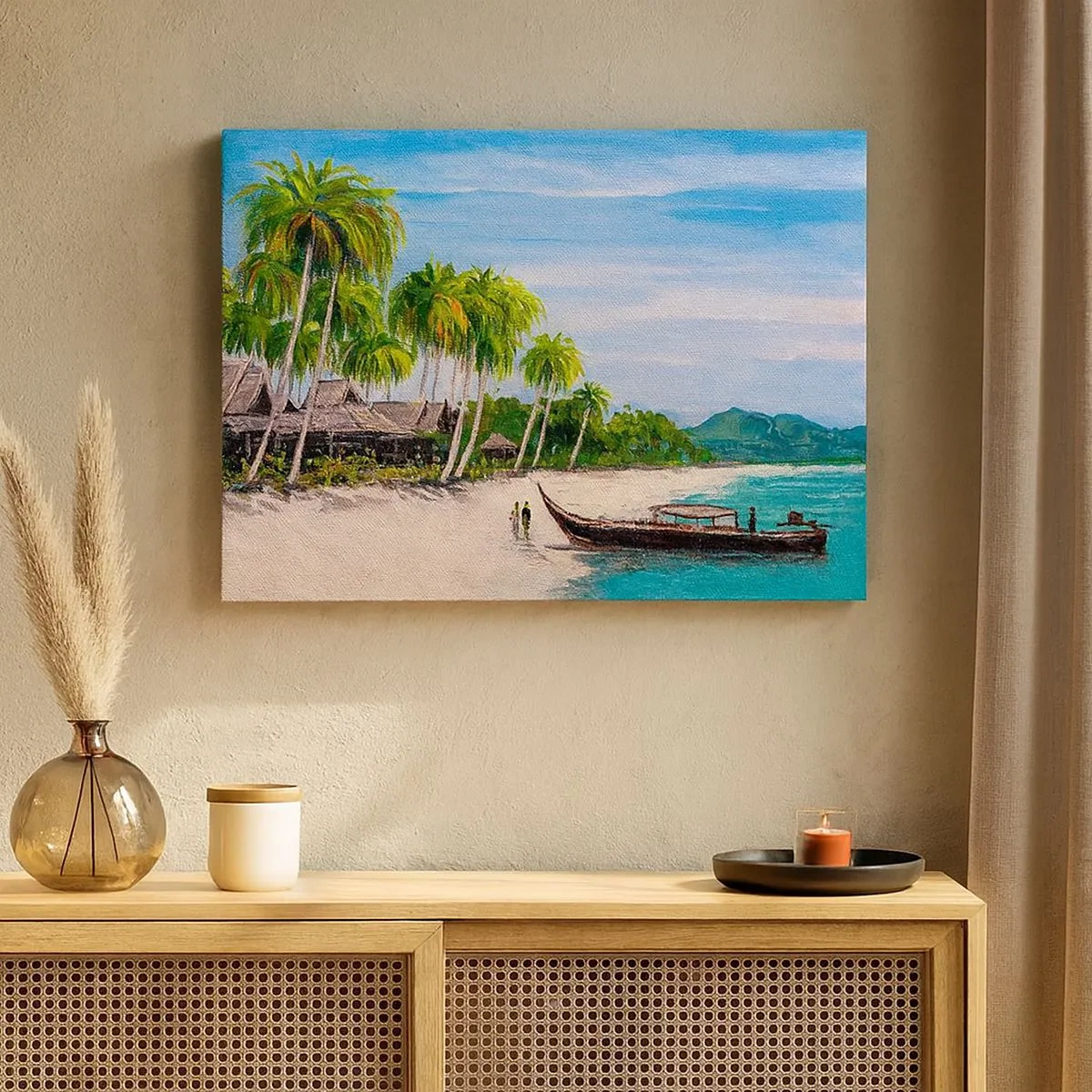 Bild auf Leinwand - Leinwandbild - Ein exotischer Strand mit Palmen und einem Boot am Ufer - 70x50cm - Exotischer Traum - Moderne Wanddekoration für Wohnzimmer und Schlafzimmer ARTTOR