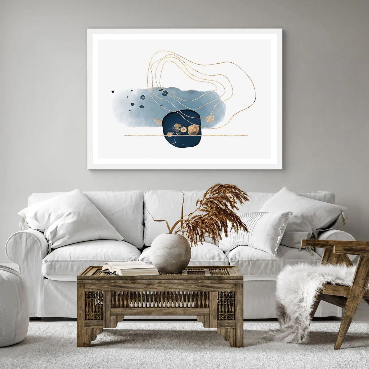 Poster in einem weißen Rahmen - Blau-goldene Fantasie - 60x60 cm