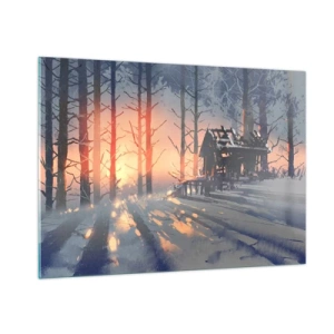 Glasbild - Bild auf glas - Winterwald bei Sonnenuntergang mit einem Häuschen im Hintergrund - 100x70cm - Hier sieht nur die Sonne rein - Moderne Wanddekoration für Wohnzimmer und Schlafzimmer ARTTOR