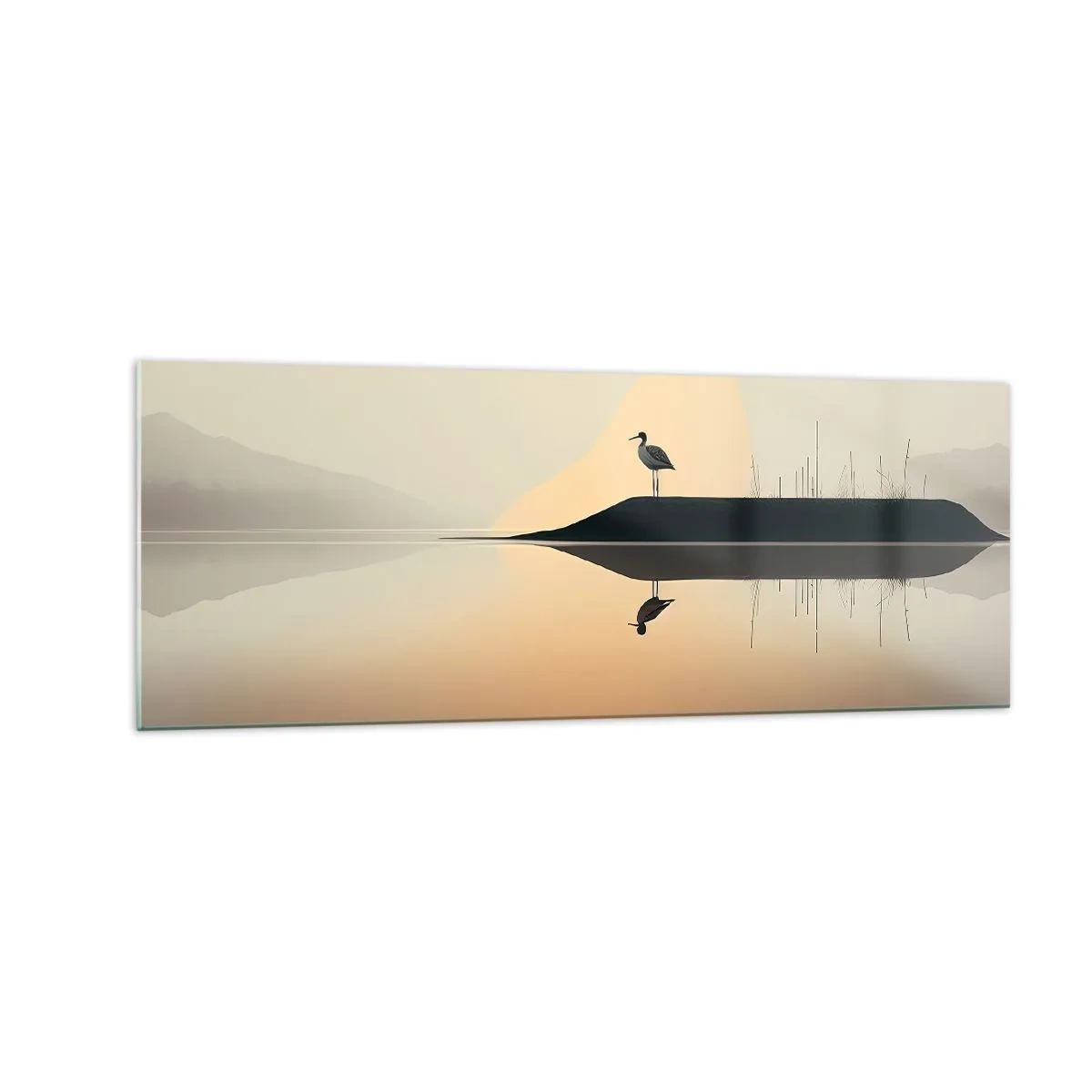 Glasbild - Bild auf glas - Ein Vogel auf einer Insel in einem ruhigen See mit warmen Farbtönen - 140x50cm - Herr am See - Moderne Wanddekoration für Wohnzimmer und Schlafzimmer ARTTOR